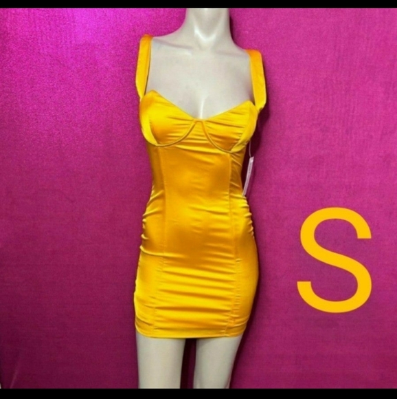 🆕Sexy Yellow Satin Silky Night Out Mini Dress  Size S - Picture 3 of 12